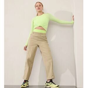 Athleta Cascade Cargo Poplin Pant XL Tan Oak Neon Green Straight Jogger